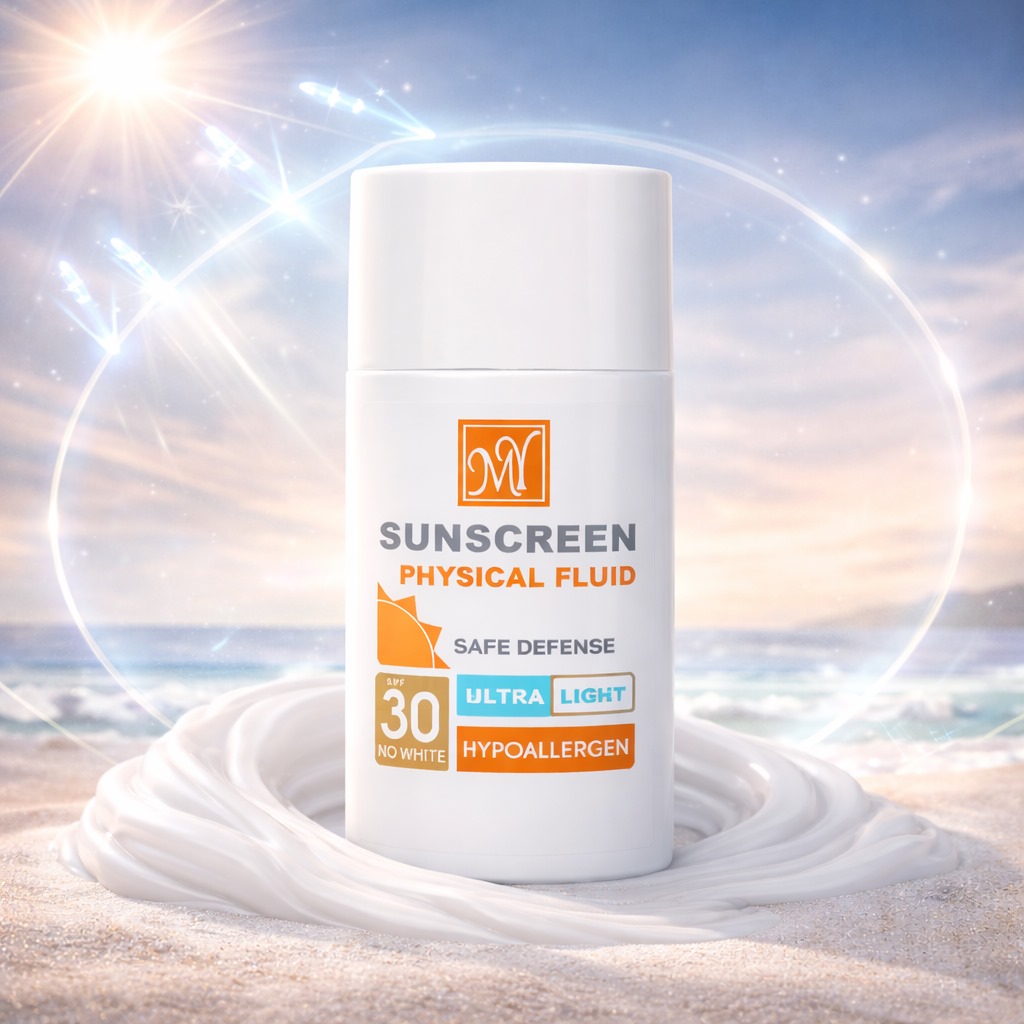 فلوئید ضد آفتاب بی رنگ فیزیکال SPF30 پوست حساس Safe Defense مای MY (محافظت فیزیکی در برابر UVA و UVB مناسب پوست حساس بافت فوق سبک هیپوآلرژنیک) 50ML