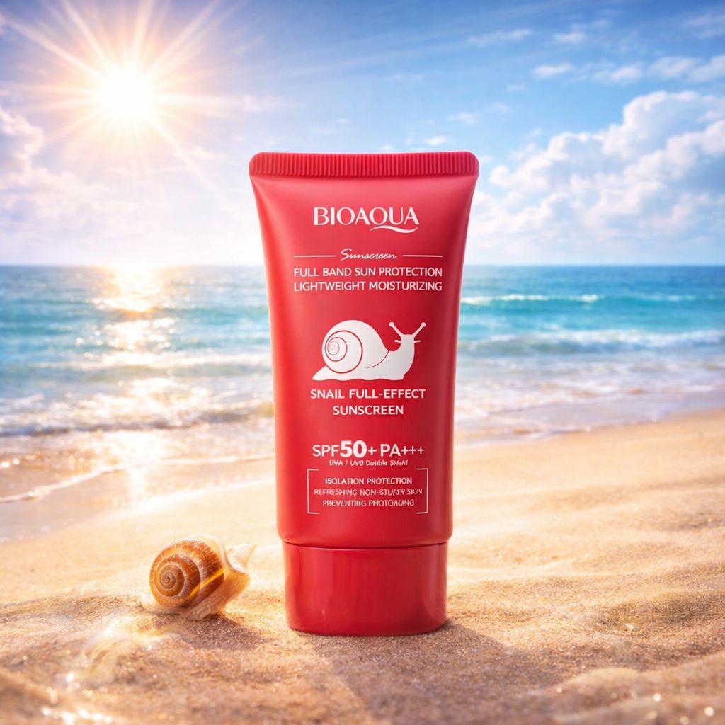 کرم ضد آفتاب بی رنگ حلزون SPF50+ PA+++ بیوآکوا BIOAQUA (محافظت کامل در برابر UVA و UVB آبرسان و ترمیم‌کننده بافت سبک بدون ایجاد چربی) 50G