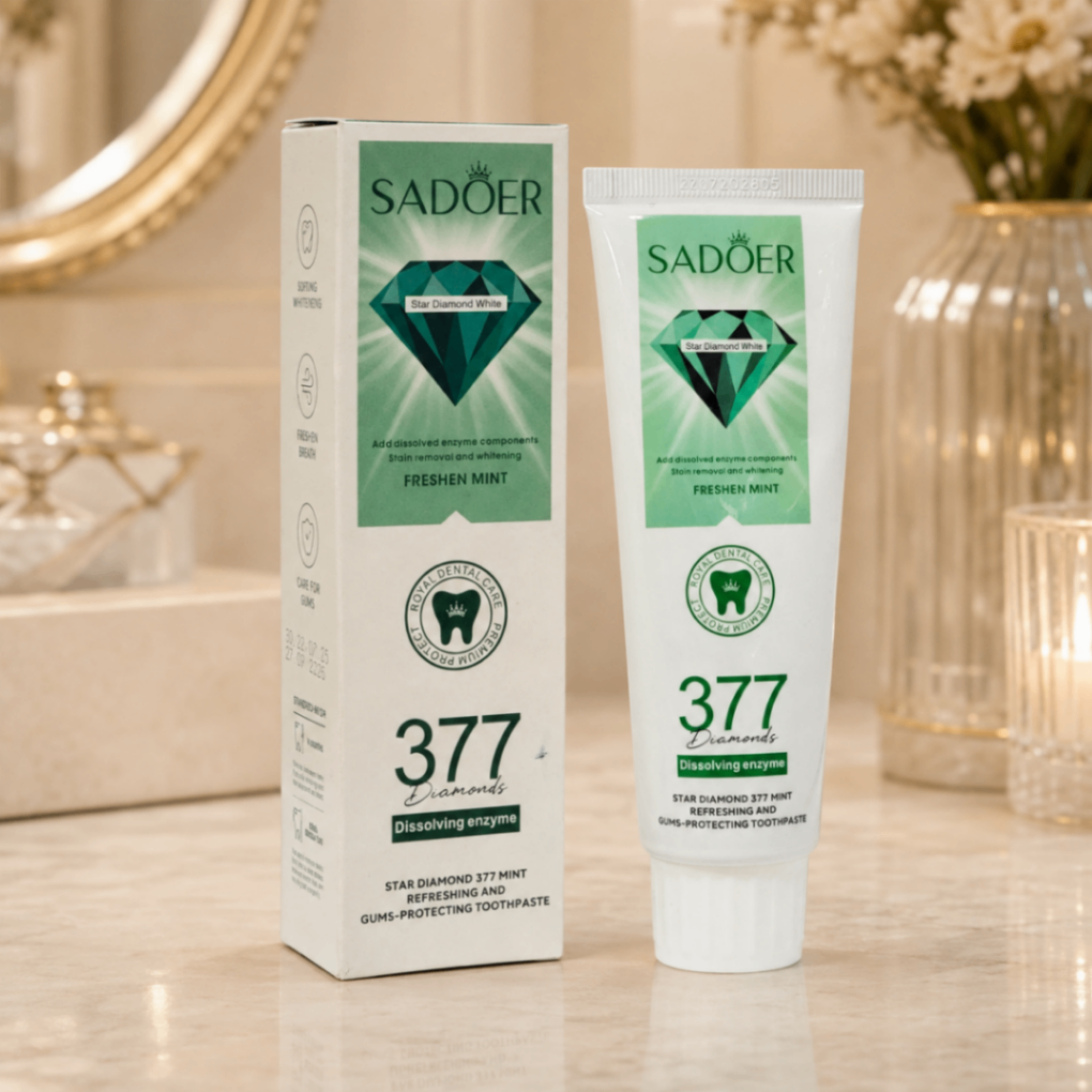 خمیردندان سفیدکننده و محافظ لثه سادور مدل 377 Diamonds Freshen Mint، حاوی ترکیبات آنزیمی و با طعم نعناع