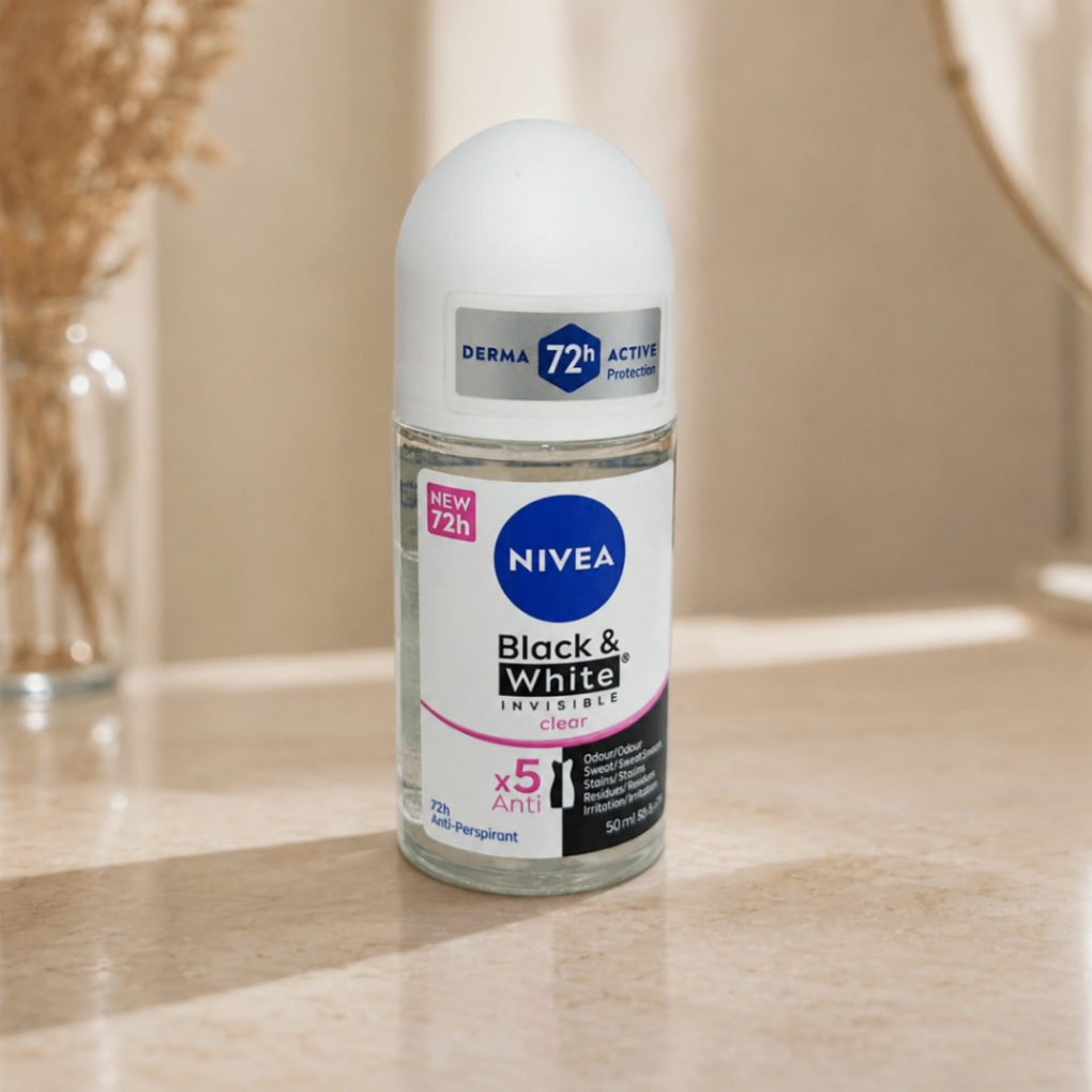رول ضدتعریق نیوآ مدل Black & White Invisible Clear با محافظت ۷۲ساعته و عملکرد پنج‌گانه ضدلک، حجم ۵۰ میلی‌لیتر