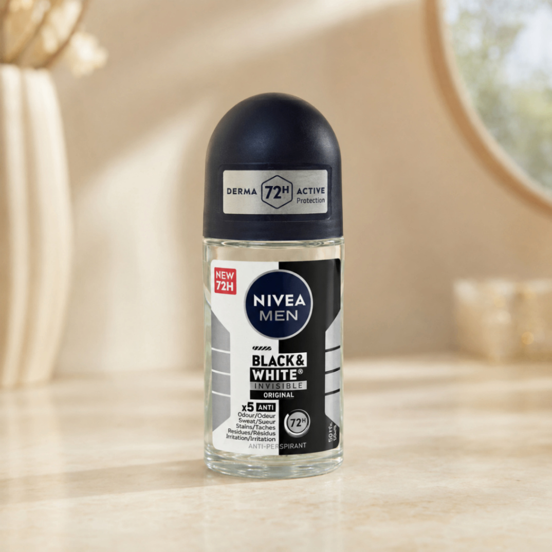 رول ضدتعریق نیوآ مدل Black & White Invisible Clear با محافظت ۷۲ساعته و عملکرد پنج‌گانه ضدلک، حجم ۵۰ میلی‌لیتر