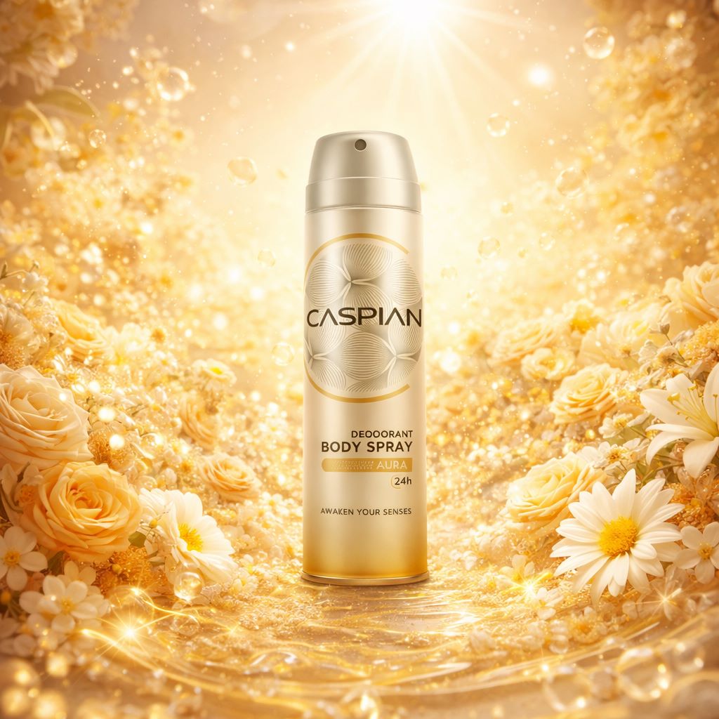 اسپری دئودورانت بدن زنانه کاسپین Aura (خوشبوکننده بدن با رایحه گرم ملایم و زنانه ایجاد حس لطافت پخش بوی متعادل مناسب استفاده روزانه و موقعیت‌های نیمه‌رسمی) 150ML
