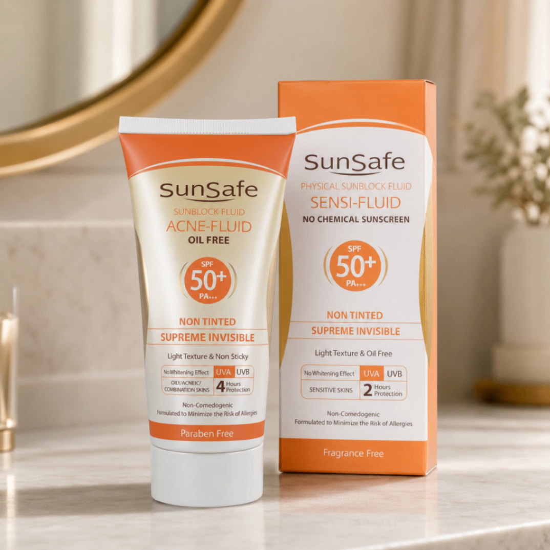 فلوئید ضدآفتاب فیزیکی و بی‌رنگ سان‌سیف مدل Sensi-Fluid SPF50+، مناسب پوست حساس و مستعد قرمزی