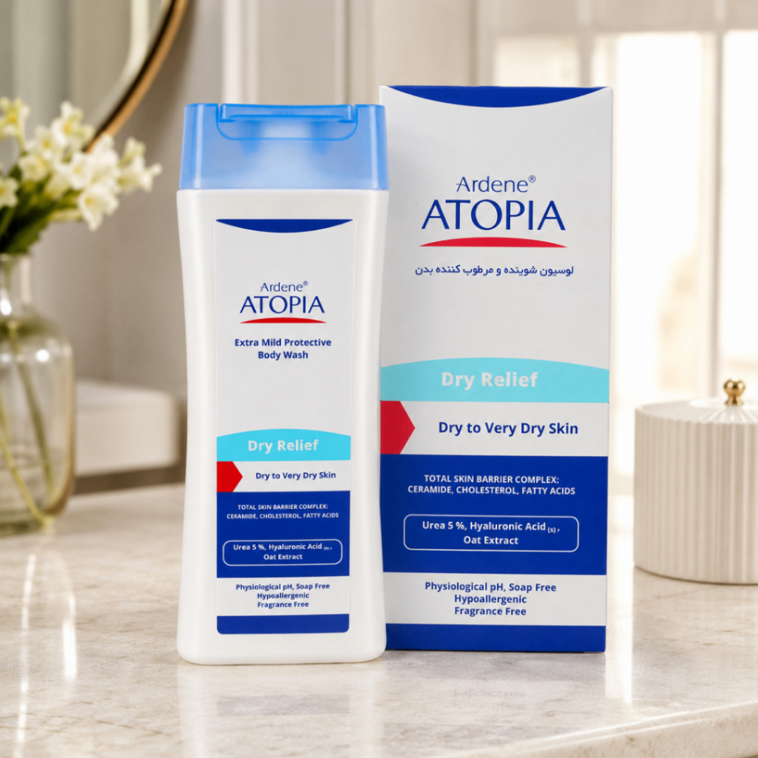 لوسیون شوینده و مرطوب‌کننده بدن آردن آتوپیا مدل Dry Relief، مناسب پوست خشک تا خیلی خشک، حجم ۲۵۰ میلی‌لیتر