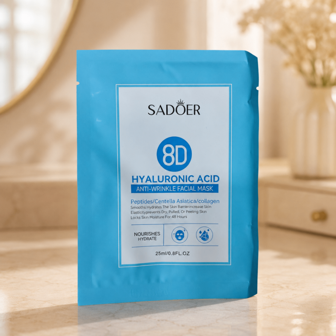 ماسک ورقه‌ای آبرسان و ضدچروک سادور مدل 8D Hyaluronic Acid، حاوی نیاسینامید، پپتید و سنتلا آسیاتیکا، ۲۵ میلی‌لیتر