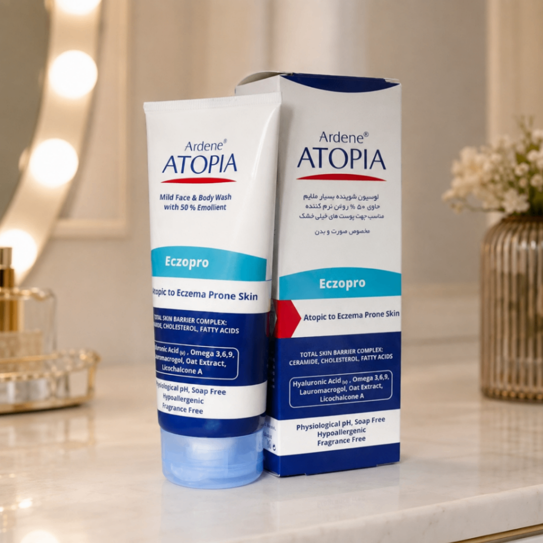 لوسیون شوینده بسیار ملایم صورت و بدن آردن آتوپیا مدل Eczopro، مناسب پوست خیلی خشک، خارش‌دار و ملتهب، حجم ۲۰۰ میلی‌لیتر