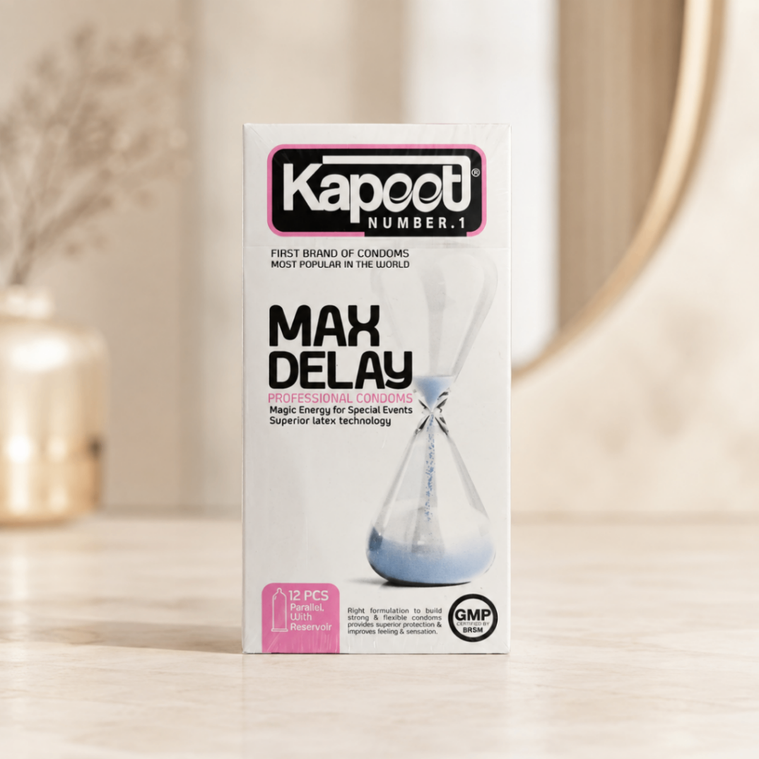 کاندوم تأخیری کاپوت مدل Max Delay، فوق‌نازک، طعم‌دار و مخزن‌دار، بسته ۱۲ عددی