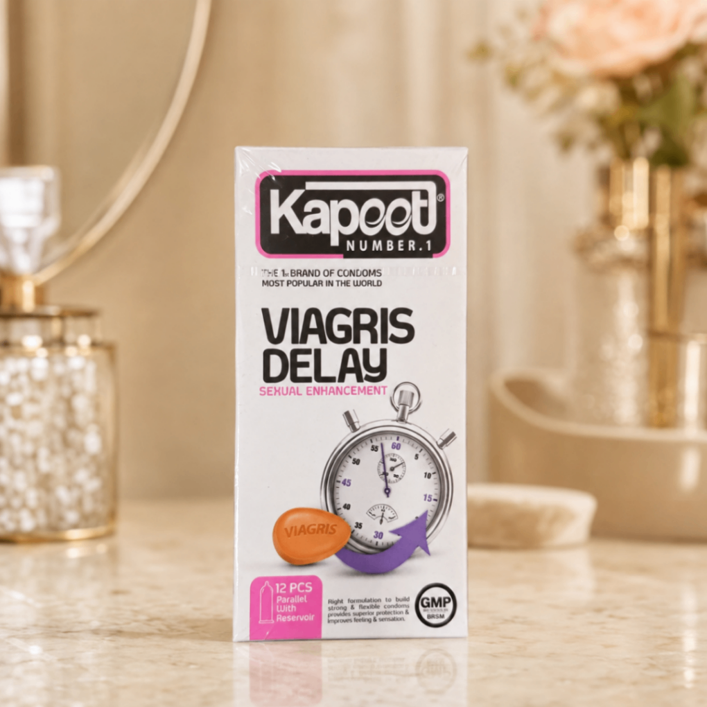 کاندوم تأخیری کاپوت مدل Viagris Delay، فوق‌نازک، مخزن‌دار و حاوی روان‌کننده بی‌حس‌کننده، بسته ۱۲ عددی
