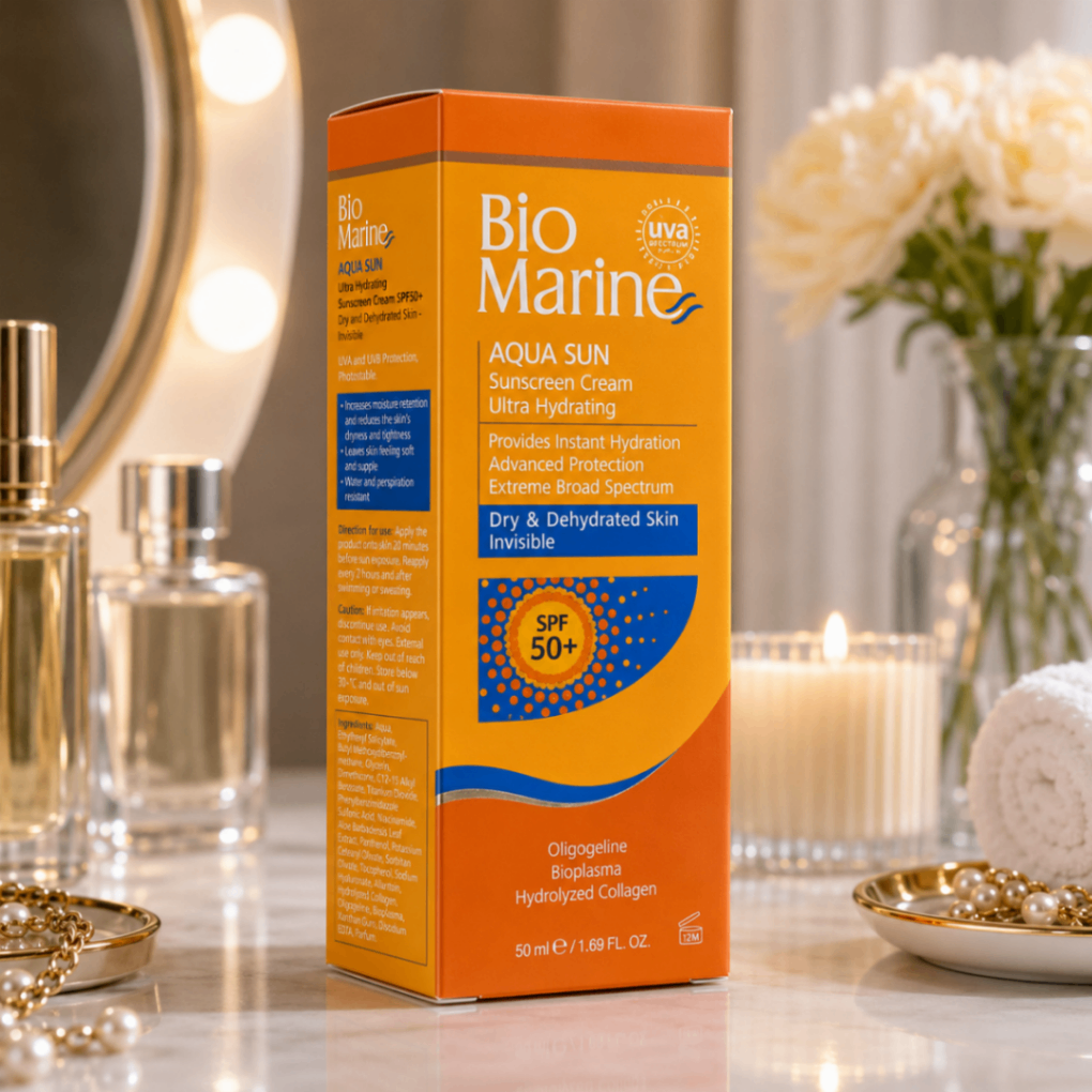 کرم ضدآفتاب آبرسان Bio Marine Aqua Sun SPF 50+ بی‌رنگ مناسب پوست خشک و کم‌آب