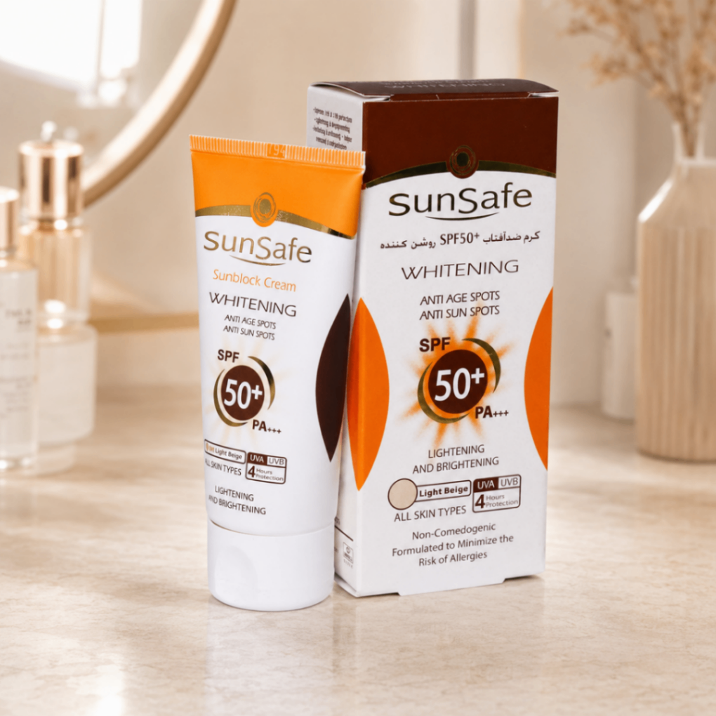 کرم ضدآفتاب روشن‌کننده رنگی سان‌سیف SPF50+، رنگ بژ روشن، مناسب انواع پوست، وزن ۵۰ گرم