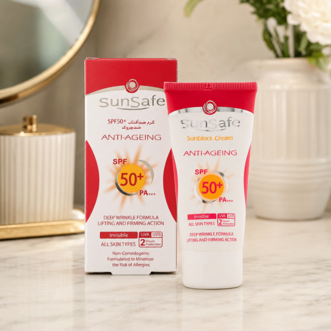 کرم ضدآفتاب ضدچروک بی‌رنگ سان‌سیف SPF50+، مناسب انواع پوست، وزن ۵۰ گرم