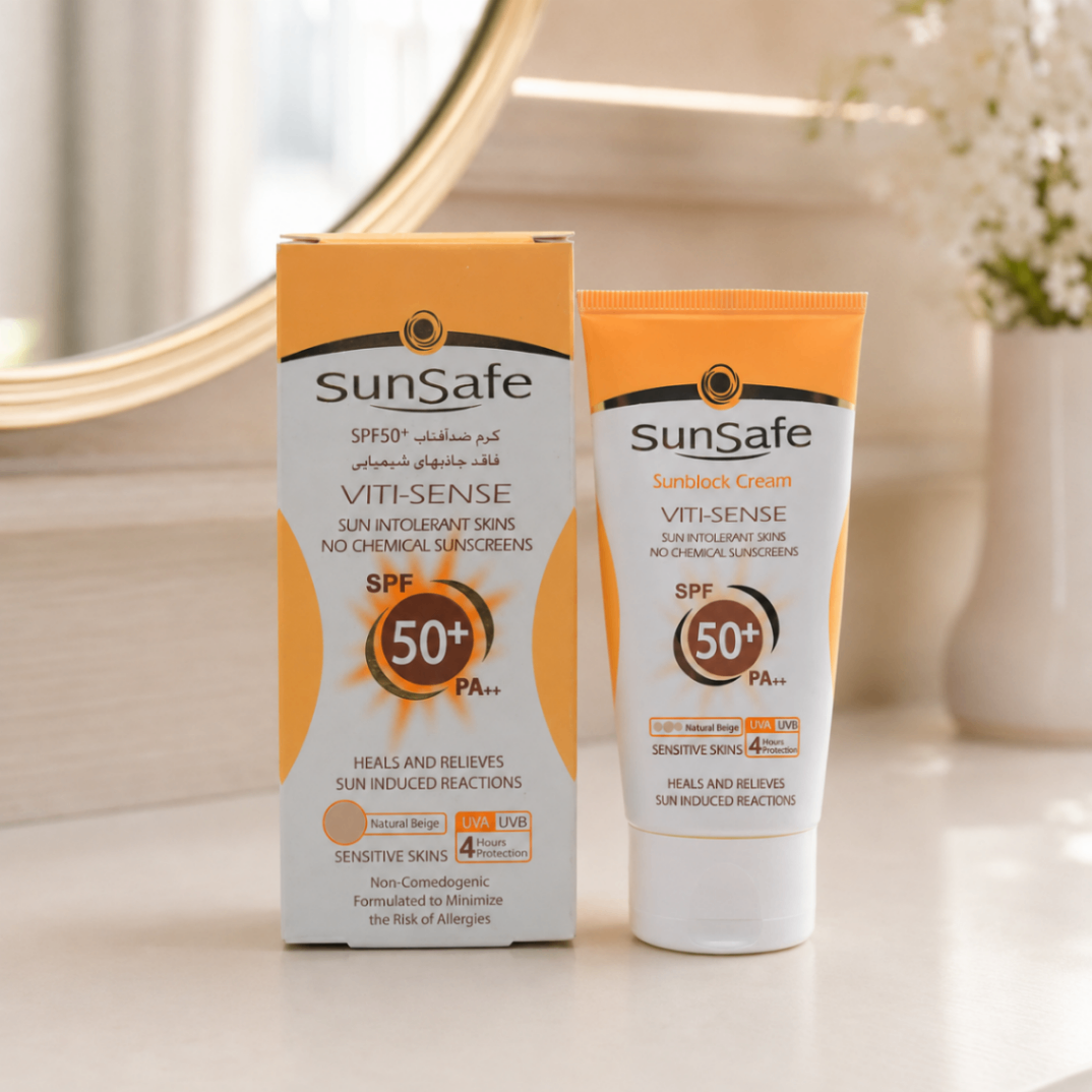 کرم ضدآفتاب مینرال رنگی سان‌سیف مدل Viti-Sense SPF50+، رنگ بژ طبیعی، مناسب پوست حساس، وزن ۵۰ گرم