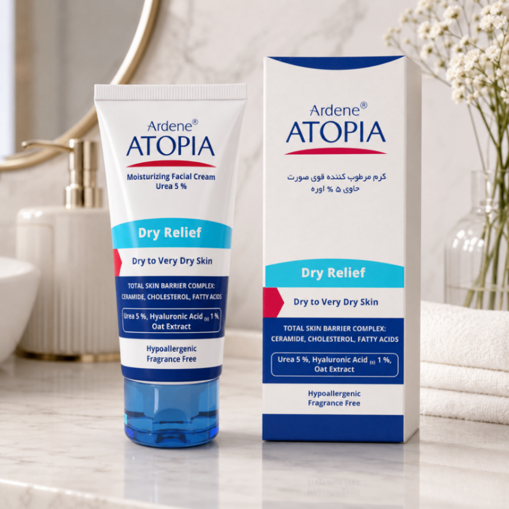 کرم مرطوب‌کننده صورت و گردن آردن آتوپیا مدل Dry Relief حاوی اوره ۵ درصد مناسب پوست خشک و بسیار خشک وزن ۵۰ گرم