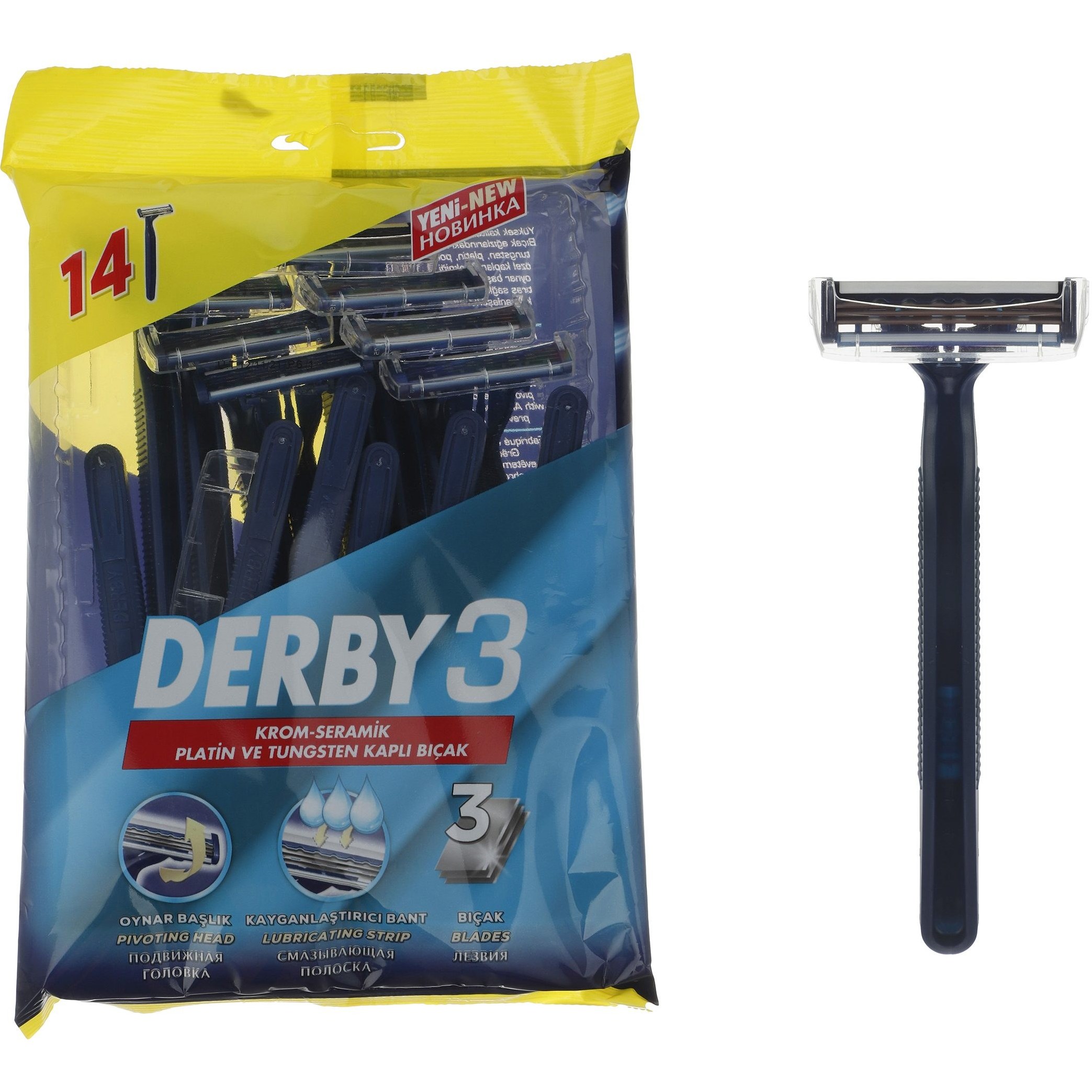 پک 14تایی و1عددی خودتراش 3 لبه حرفه ای DERBY3