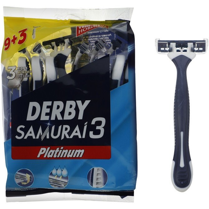 پک 12تایی و1عددی خودتراش 3 لبه حرفه ای پلاتینیوم مدل سامورایی 3 DERBY